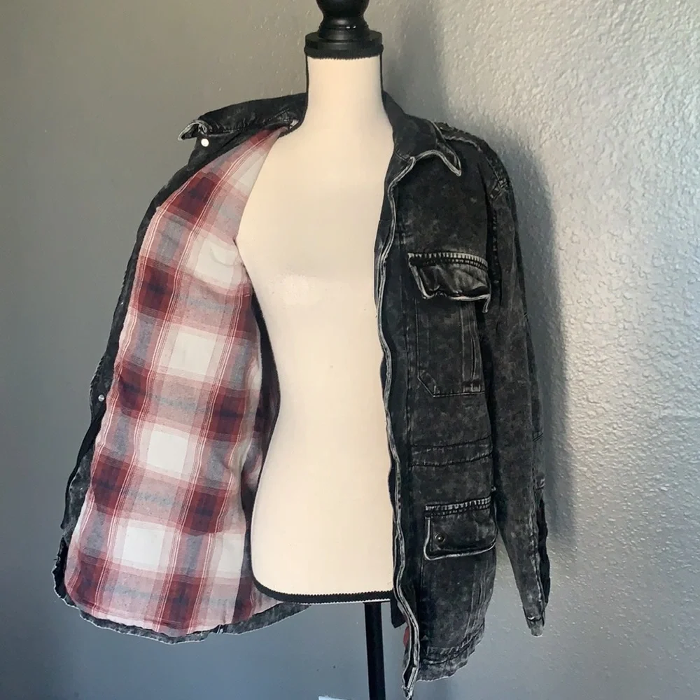 Vintage Havana Acid Wash Denim Jacket Small Black Flannel Lined Lace Up
